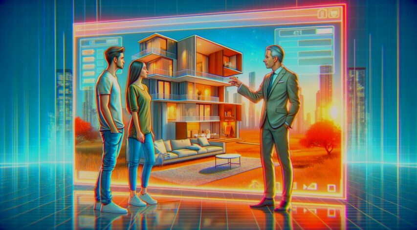 A drawing of a real estate agent showing an apartment to a young couple in a digital space.