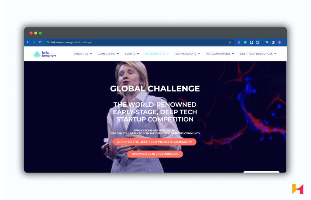 A screenshot of the Hello Tomorrow Global Challenge homepage.