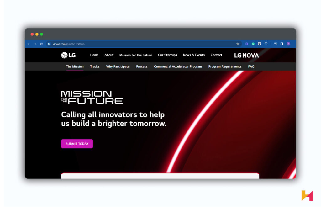 A screenshot of the LG Mission for the Future homepage.