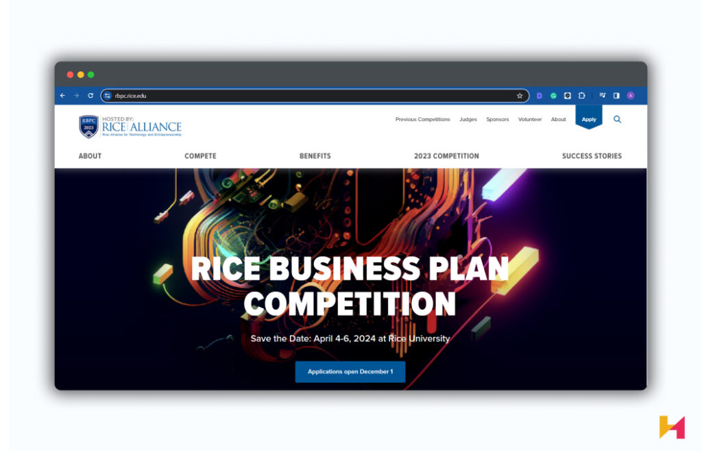 A screenshot of the Rice Business Plan Competition homepage.