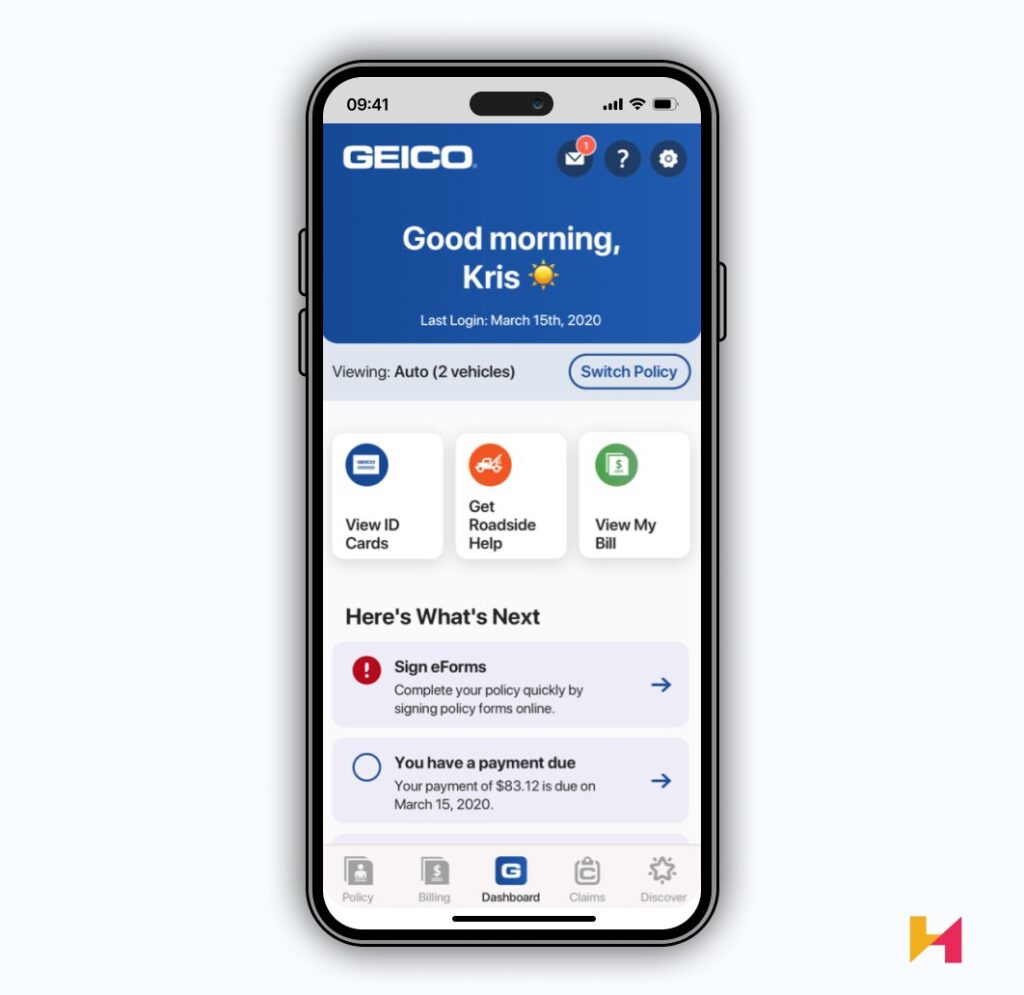 A screenshot of the Geico Mobile app.