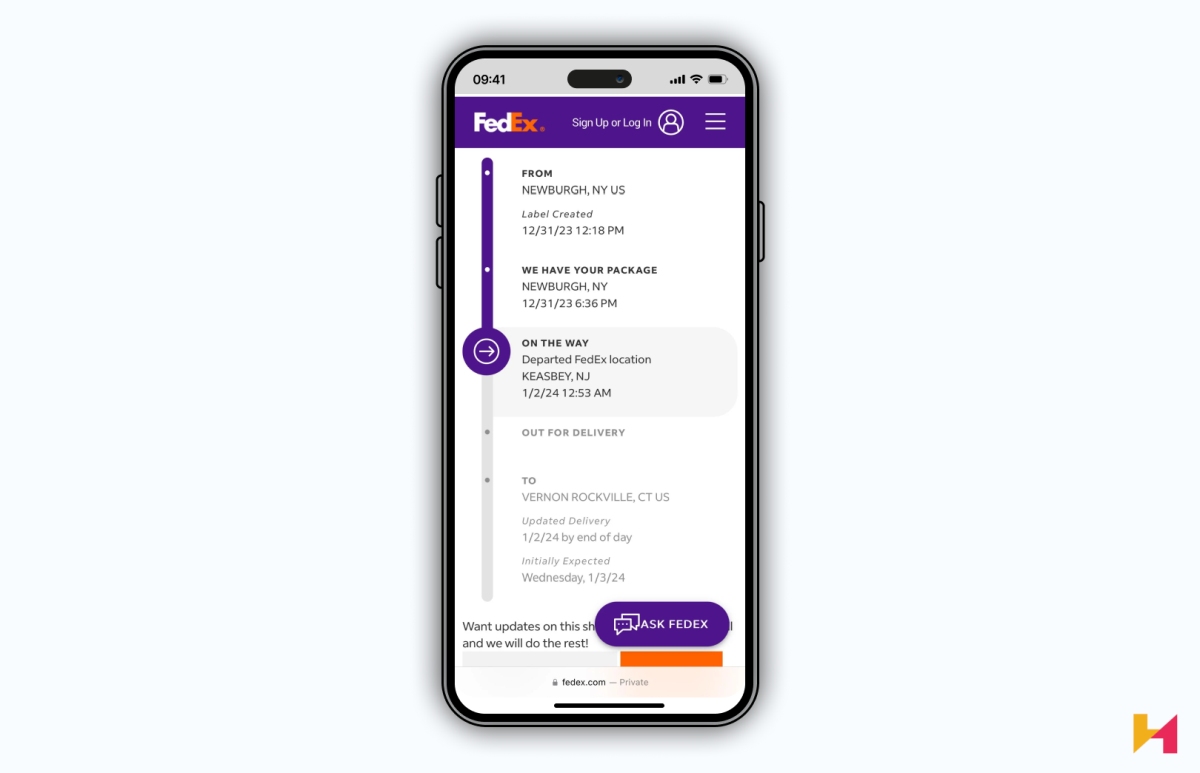 A screenshot of the FedEx Mobile app.