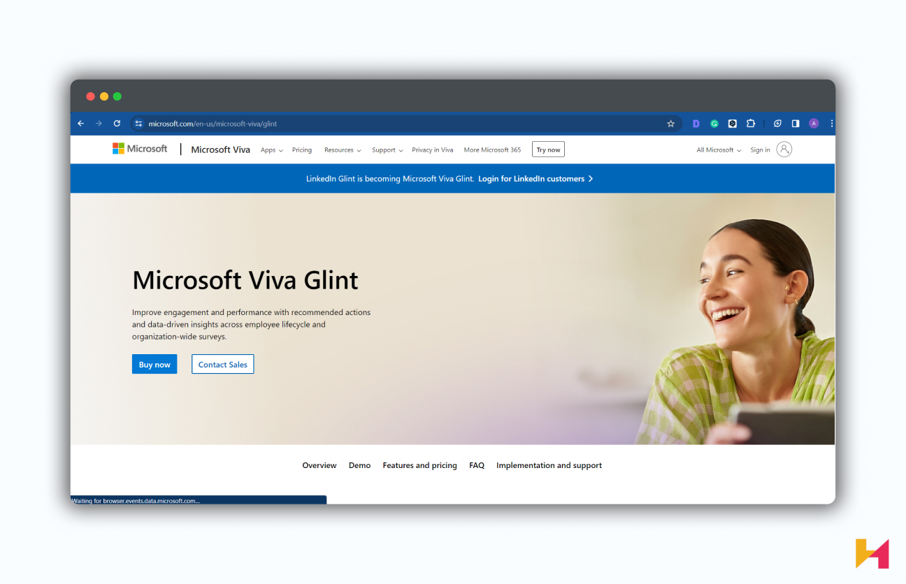 A screenshot of the Microsoft Viva Glint homepage.